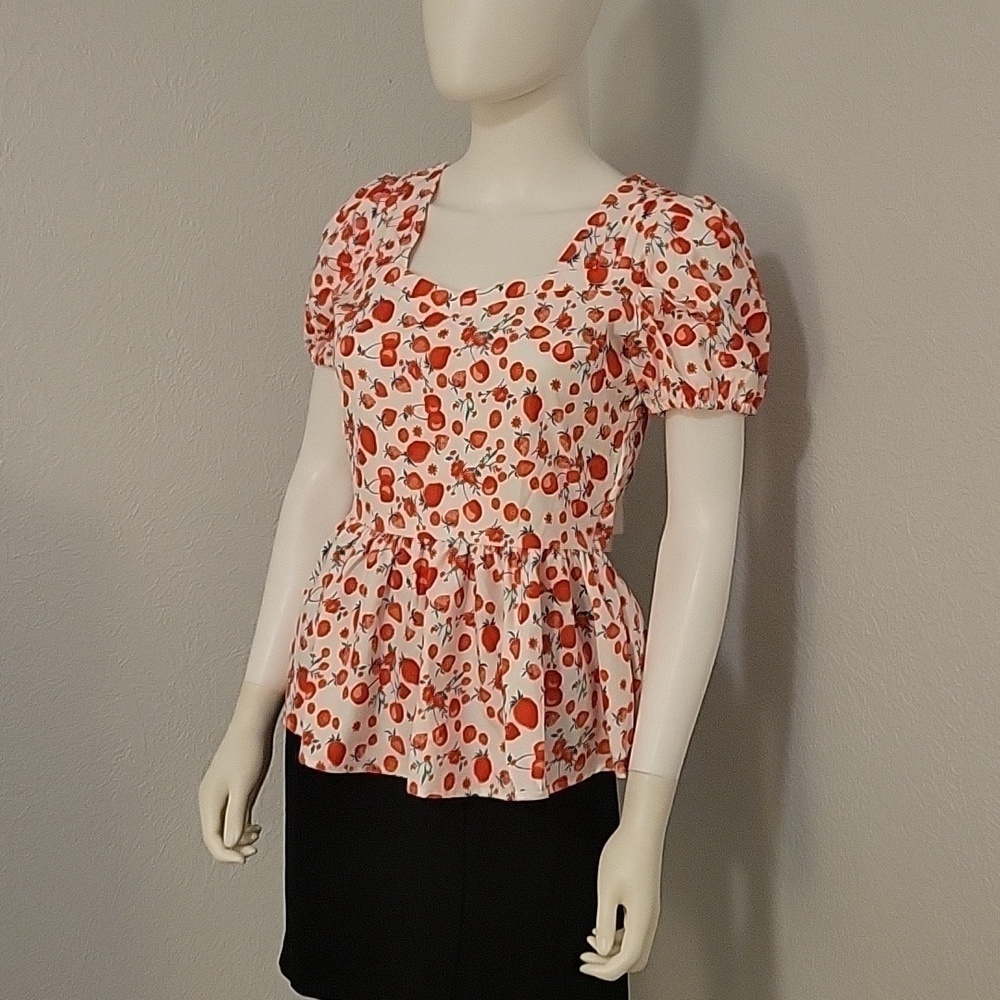 BELLE POQUE Cute Retro Strawberry Pin-up Coquette Peplum Blouse - Picture 2 of 11